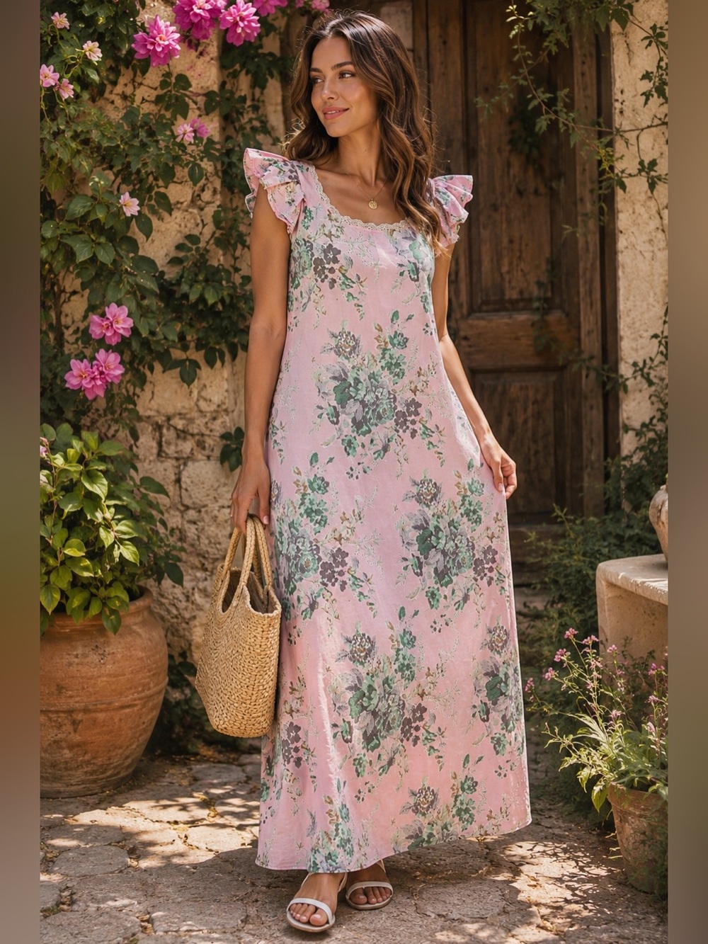 Redtag‎ Pink Floral Maxi Dress 100% Cotton Ruffle Sleeve Women’s Size 12